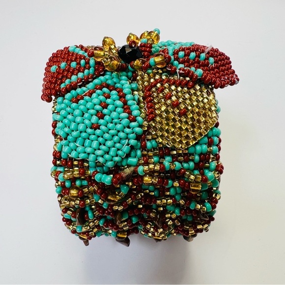 NATIVE AMERICAN SEED BEAD WIDE CUFF BRACELET FLORAL DESIGN TIGER EYE - Picture 4 of 9